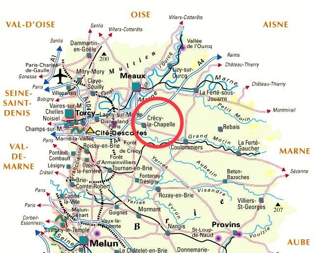 Carte de Crécy-la-Chapelle, au cœur des centres urbains et d'affaires de Val d'Europe, Meaux et Coulommiers.
